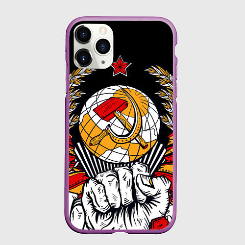 Чехол iPhone 11 Pro матовый Герб СССР на черном фоне / 3D-Фиолетовый – фото 1