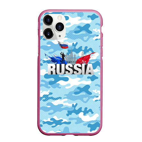 Чехол iPhone 11 Pro матовый Russia: синий камфуляж / 3D-Малиновый – фото 1