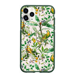 Чехол iPhone 11 Pro матовый Желтые Попугаи С Цветами, цвет: 3D-темно-зеленый