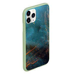 Чехол iPhone 11 Pro матовый Абстрактная тёмно-синяя краска с оранжевыми мазкам, цвет: 3D-салатовый — фото 2