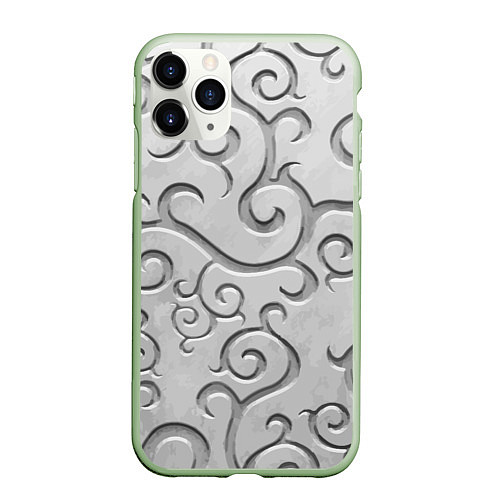 Чехол iPhone 11 Pro матовый Ажурный орнамент на поверхности металла / 3D-Салатовый – фото 1
