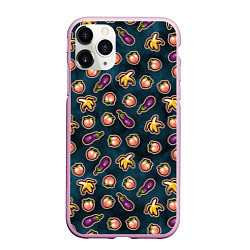Чехол iPhone 11 Pro матовый Баклажаны персики бананы паттерн, цвет: 3D-розовый
