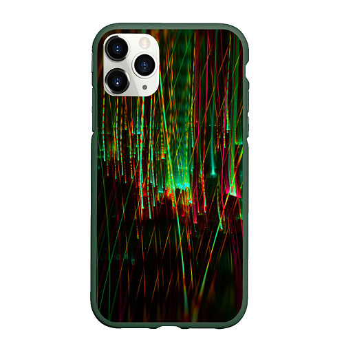 Чехол iPhone 11 Pro матовый Абстрактное множество зелёных неоновых лучей / 3D-Темно-зеленый – фото 1