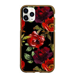 Чехол iPhone 11 Pro матовый Цветы Нарисованные Розы На Чёрном Фоне, цвет: 3D-коричневый