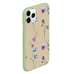 Чехол iPhone 11 Pro матовый Нарисованные Цветы Колокольчики и Пчёлы, цвет: 3D-салатовый — фото 2