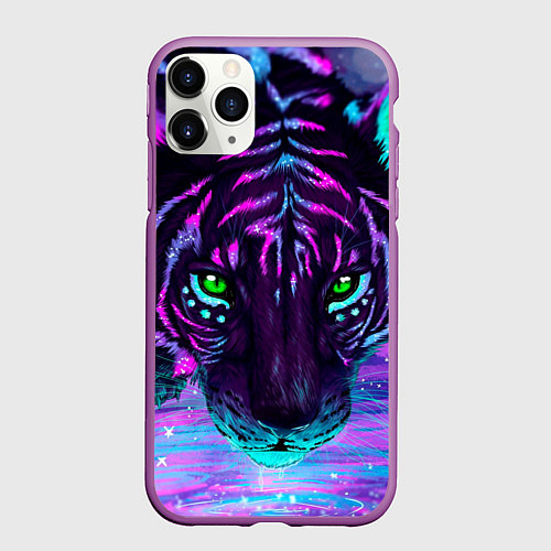 Чехол iPhone 11 Pro матовый Светящийся неоновый тигр / 3D-Фиолетовый – фото 1