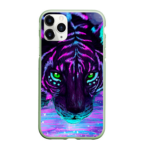 Чехол iPhone 11 Pro матовый Светящийся неоновый тигр / 3D-Салатовый – фото 1