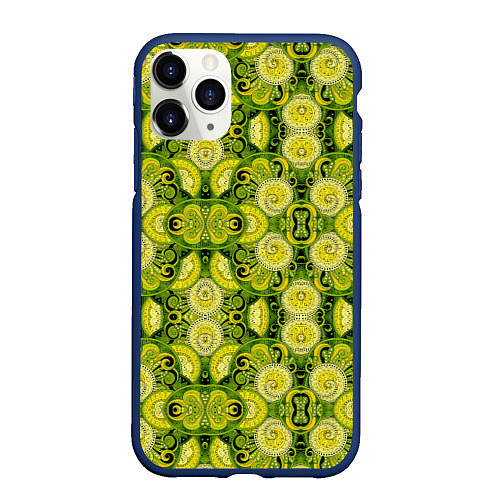 Чехол iPhone 11 Pro матовый Зеленые узоры: волны абстракции / 3D-Тёмно-синий – фото 1