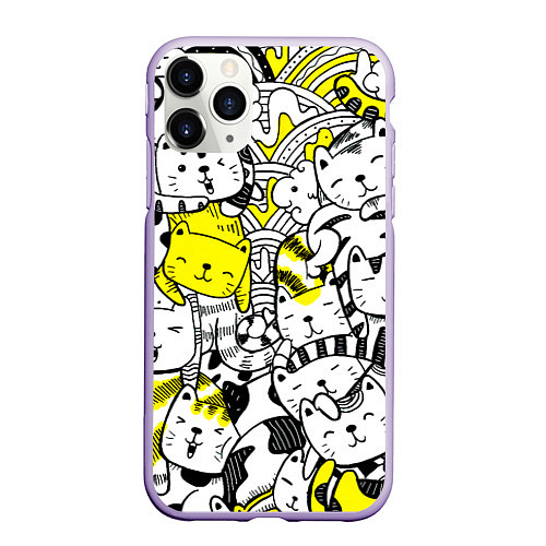 Чехол iPhone 11 Pro матовый Милые Чёрные и Жёлтые Коты / 3D-Светло-сиреневый – фото 1