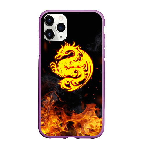 Чехол iPhone 11 Pro матовый Огнедышащий дракон и пламя / 3D-Фиолетовый – фото 1