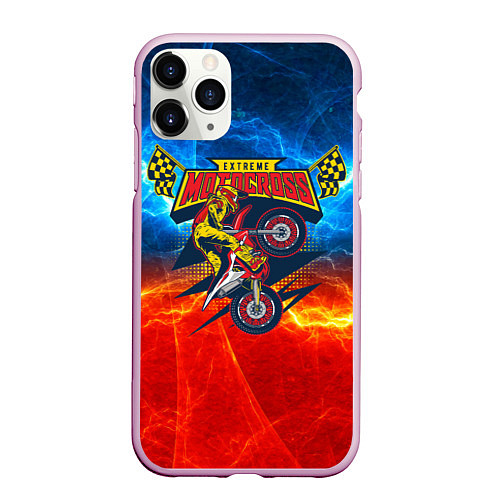 Чехол iPhone 11 Pro матовый Extreme motocross: мотоциклист на фоне огня / 3D-Розовый – фото 1