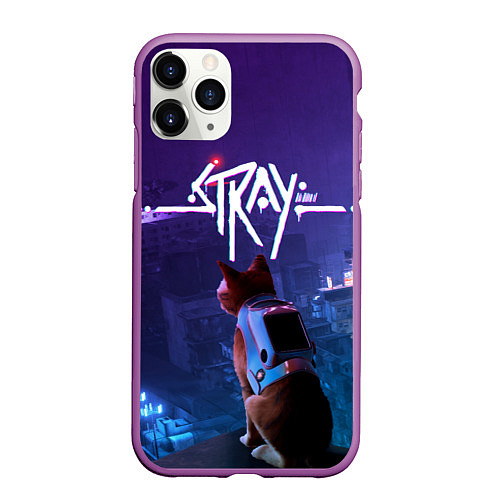 Чехол iPhone 11 Pro матовый Stray кот неон / 3D-Фиолетовый – фото 1