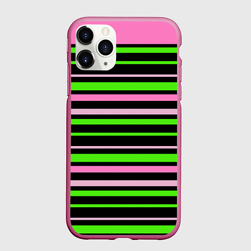 Чехол iPhone 11 Pro матовый Полосаты узор в зелено-розовых оттенках на черном / 3D-Малиновый – фото 1