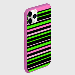 Чехол iPhone 11 Pro матовый Полосаты узор в зелено-розовых оттенках на черном, цвет: 3D-фиолетовый — фото 2
