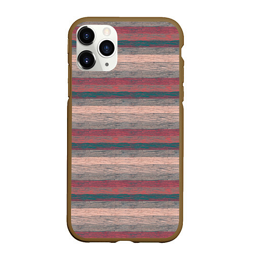 Чехол iPhone 11 Pro матовый Серые, бежевые, красные полосы с текстурой дерева / 3D-Коричневый – фото 1