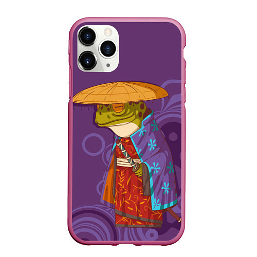 Чехол iPhone 11 Pro матовый Лягуха-самурай на фиолетовом фоне / 3D-Малиновый – фото 1