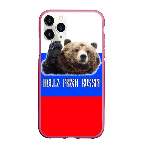 Чехол iPhone 11 Pro матовый Привет из России - медведь и триколор / 3D-Малиновый – фото 1