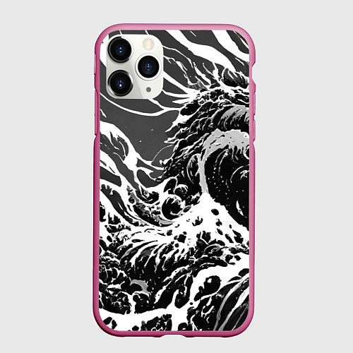Чехол iPhone 11 Pro матовый Черно-белые волны / 3D-Малиновый – фото 1