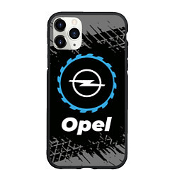 Чехол iPhone 11 Pro матовый Opel в стиле Top Gear со следами шин на фоне, цвет: 3D-черный