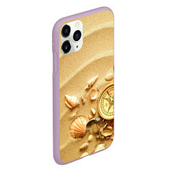 Чехол iPhone 11 Pro матовый Композиция из ракушек и компаса на песке, цвет: 3D-сиреневый — фото 2