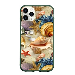 Чехол iPhone 11 Pro матовый Морские раковины, кораллы, морские звёзды на песке, цвет: 3D-темно-зеленый
