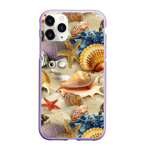 Чехол iPhone 11 Pro матовый Морские раковины, кораллы, морские звёзды на песке / 3D-Светло-сиреневый – фото 1