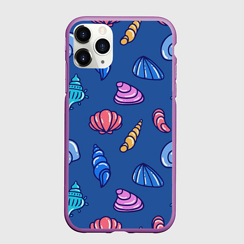 Чехол iPhone 11 Pro матовый Паттерн из морских раковин / 3D-Фиолетовый – фото 1