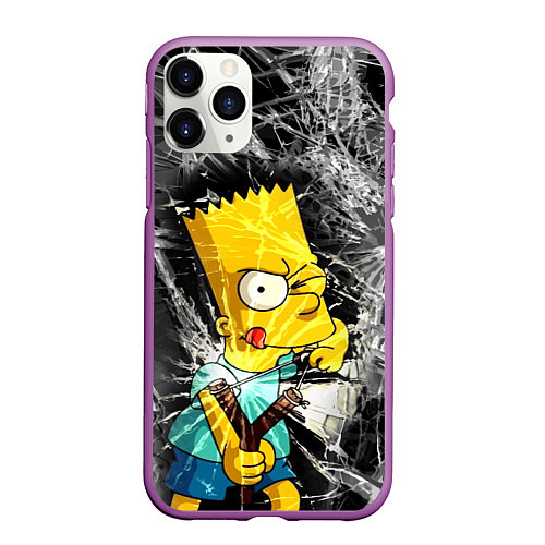 Чехол iPhone 11 Pro матовый Барт Симпсон разбил из рогатки стекло / 3D-Фиолетовый – фото 1