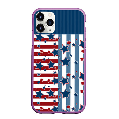 Чехол iPhone 11 Pro матовый Blue stars on a striped pattern / 3D-Фиолетовый – фото 1