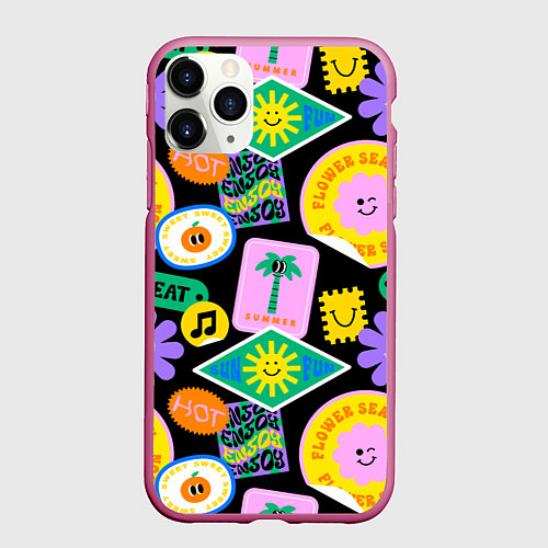 Чехол iPhone 11 Pro матовый Летние наклейки pop-art паттерн / 3D-Малиновый – фото 1