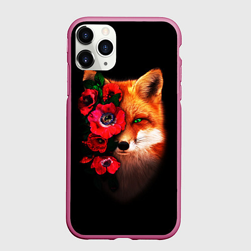 Чехол iPhone 11 Pro матовый Лиса и цветы / 3D-Малиновый – фото 1