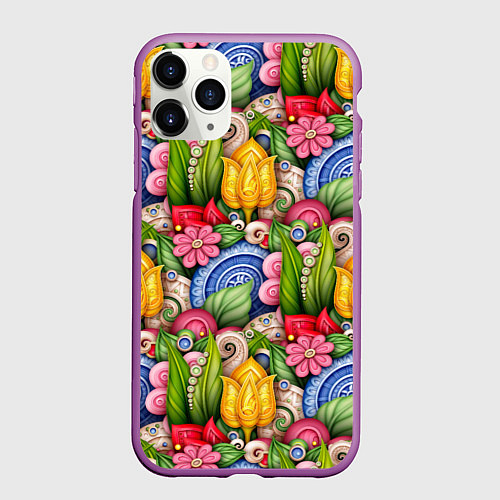 Чехол iPhone 11 Pro матовый Тюльпаны объемные листья и цветы / 3D-Фиолетовый – фото 1