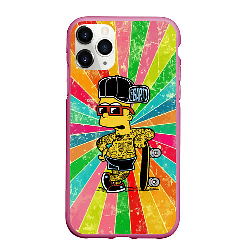 Чехол iPhone 11 Pro матовый Барт Симпсон весь в татухах со скейтбордом / 3D-Малиновый – фото 1