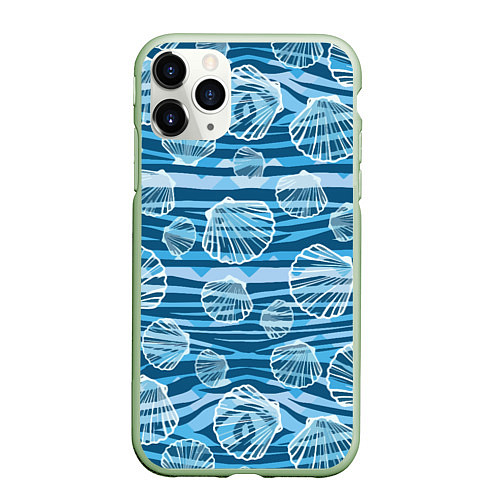 Чехол iPhone 11 Pro матовый Паттерн из створок ракушки - океан / 3D-Салатовый – фото 1