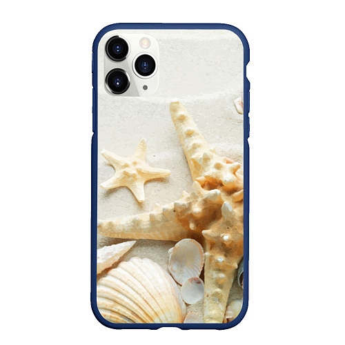 Чехол iPhone 11 Pro матовый Морские звёзды и ракушки на океанском берегу / 3D-Тёмно-синий – фото 1