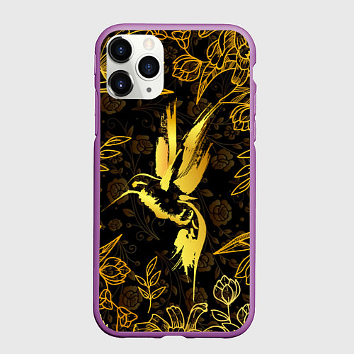 Чехол iPhone 11 Pro матовый Золотая колибри / 3D-Фиолетовый – фото 1