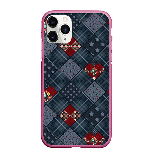 Чехол iPhone 11 Pro матовый Red and blue denim patchwork / 3D-Малиновый – фото 1
