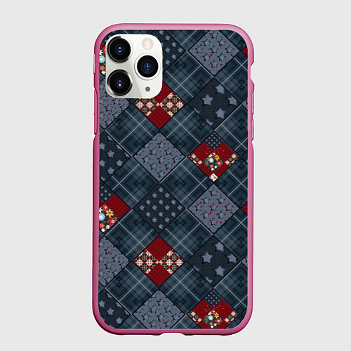 Чехол iPhone 11 Pro матовый Red and blue denim patchwork / 3D-Малиновый – фото 1