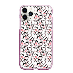 Чехол iPhone 11 Pro матовый Бело-розовые цветы с черной обводкой, цвет: 3D-розовый