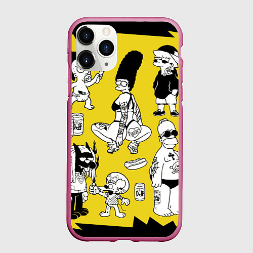 Чехол iPhone 11 Pro матовый Весёлая компашка мультфильма Симпсоны - полный рас / 3D-Малиновый – фото 1