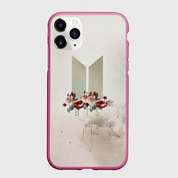 Чехол iPhone 11 Pro матовый BTS Logo And Flowers, цвет: 3D-малиновый