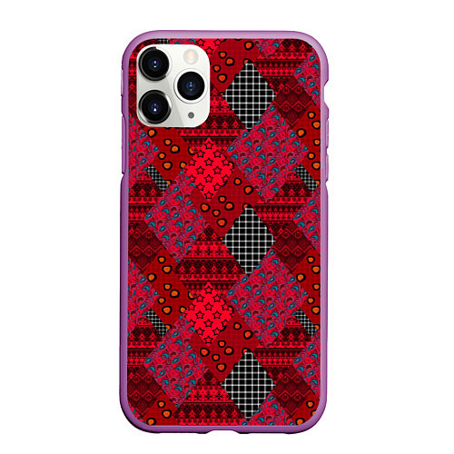 Чехол iPhone 11 Pro матовый Красный лоскутный узор пэчворк / 3D-Фиолетовый – фото 1