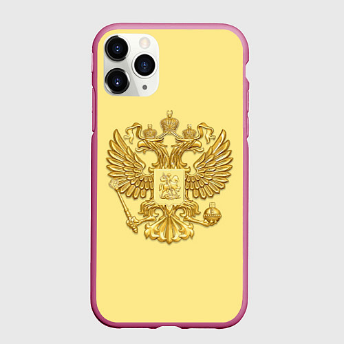 Чехол iPhone 11 Pro матовый Герб России - золото / 3D-Малиновый – фото 1