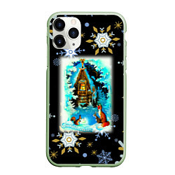 Чехол iPhone 11 Pro матовый Новый год изба и звери в лесу, цвет: 3D-салатовый