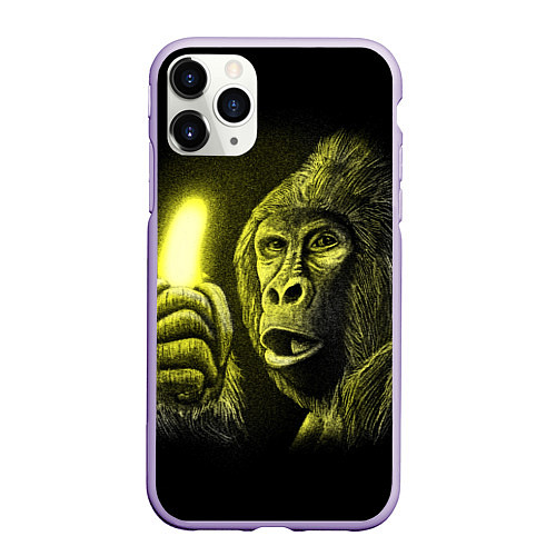 Чехол iPhone 11 Pro матовый Горилла с неоновым бананом - рисунок карандашом / 3D-Светло-сиреневый – фото 1