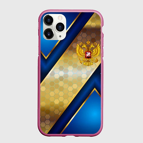 Чехол iPhone 11 Pro матовый Золотой герб России на синем объемном фоне / 3D-Малиновый – фото 1