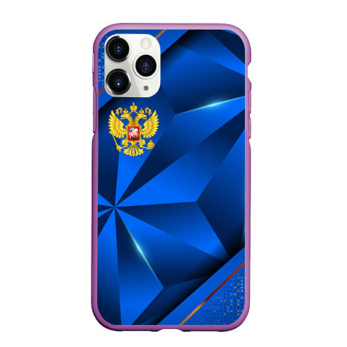 Чехол iPhone 11 Pro матовый Герб РФ на синем объемном фоне / 3D-Фиолетовый – фото 1