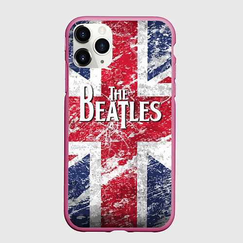 Чехол iPhone 11 Pro матовый The Beatles - лого на фоне флага Великобритании / 3D-Малиновый – фото 1