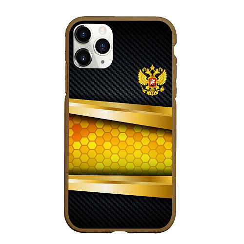Чехол iPhone 11 Pro матовый Black & gold - герб России / 3D-Коричневый – фото 1