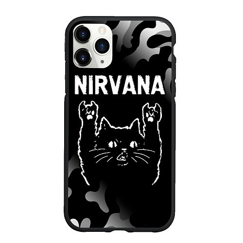 Чехол iPhone 11 Pro матовый Группа Nirvana и рок кот / 3D-Черный – фото 1
